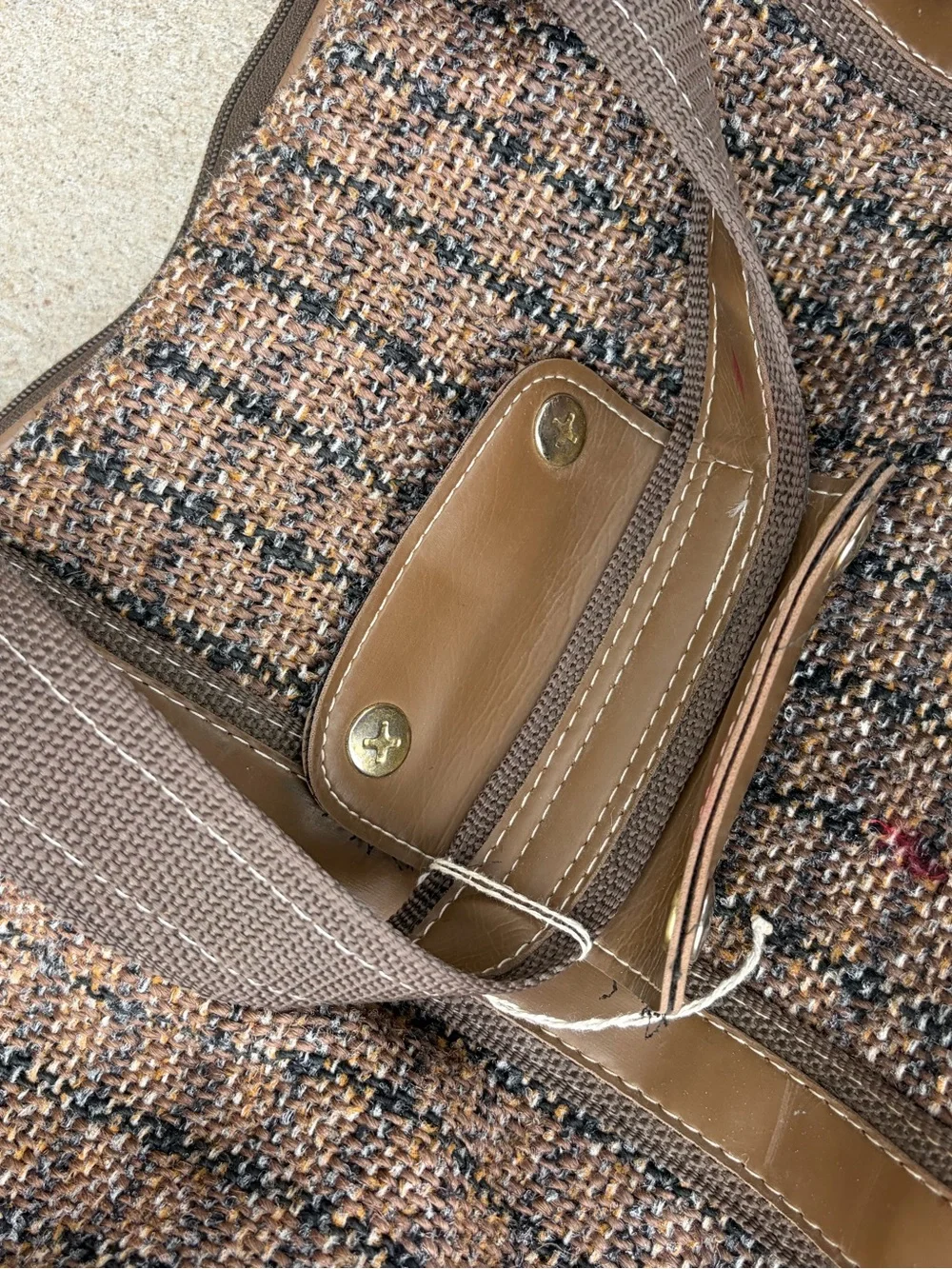 Vintage Oleg Cassini Tweed Travel Bag Suitcase Brown Weekender Shoulder Strap
